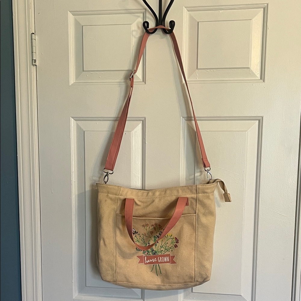 American Girl Beige Canvas Tote with Pink Straps and Floral Graphic